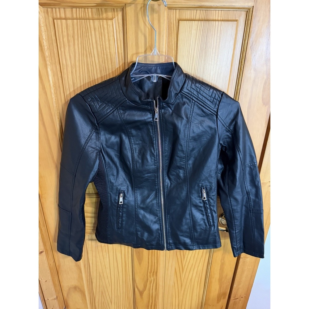 Womens Black Faux Leather Moto Jacket Quilted Shoulders Zip Front Biker Medium